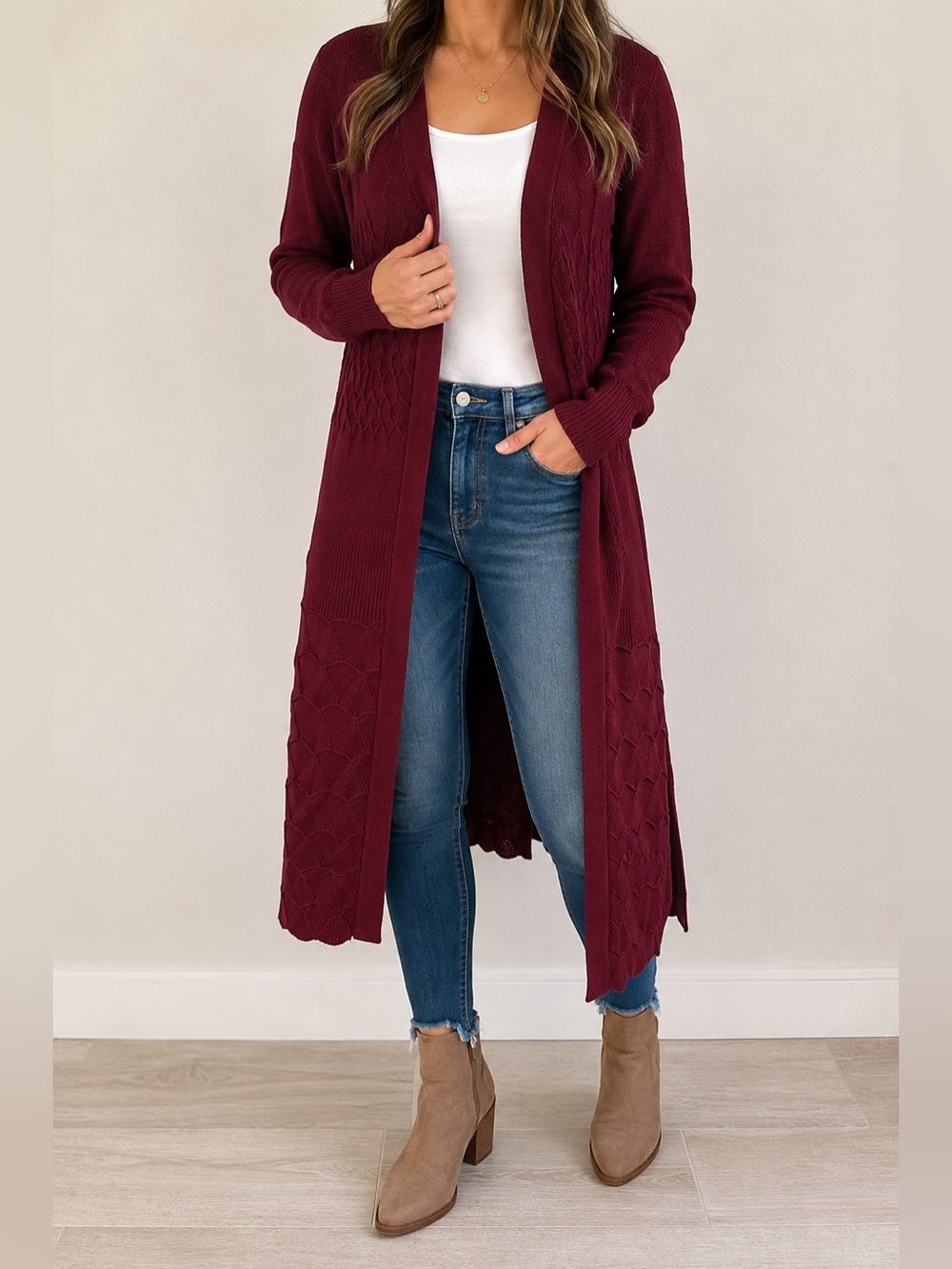 Dreamers Burgundy Longline Duster Cardigan Medium Textured Knit Open Front
